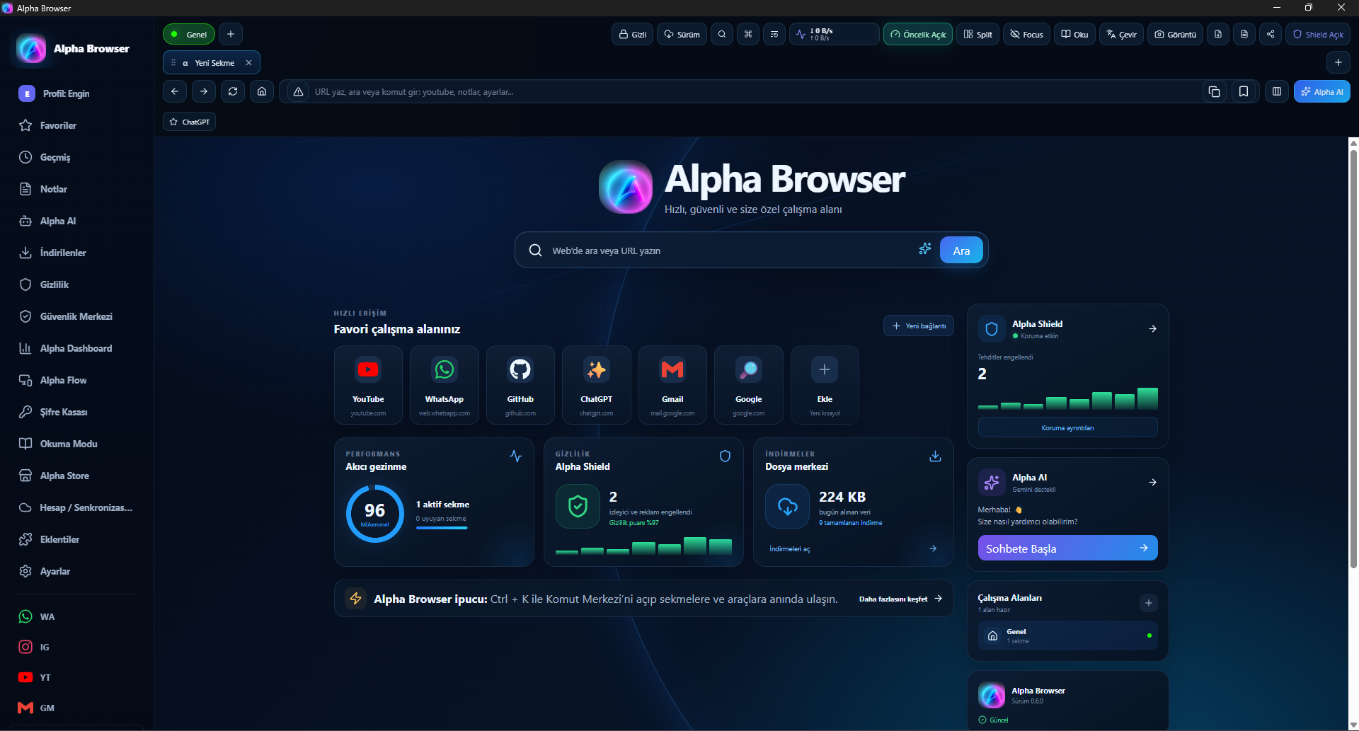 Alpha Browser masaüstü arayüz detayları
