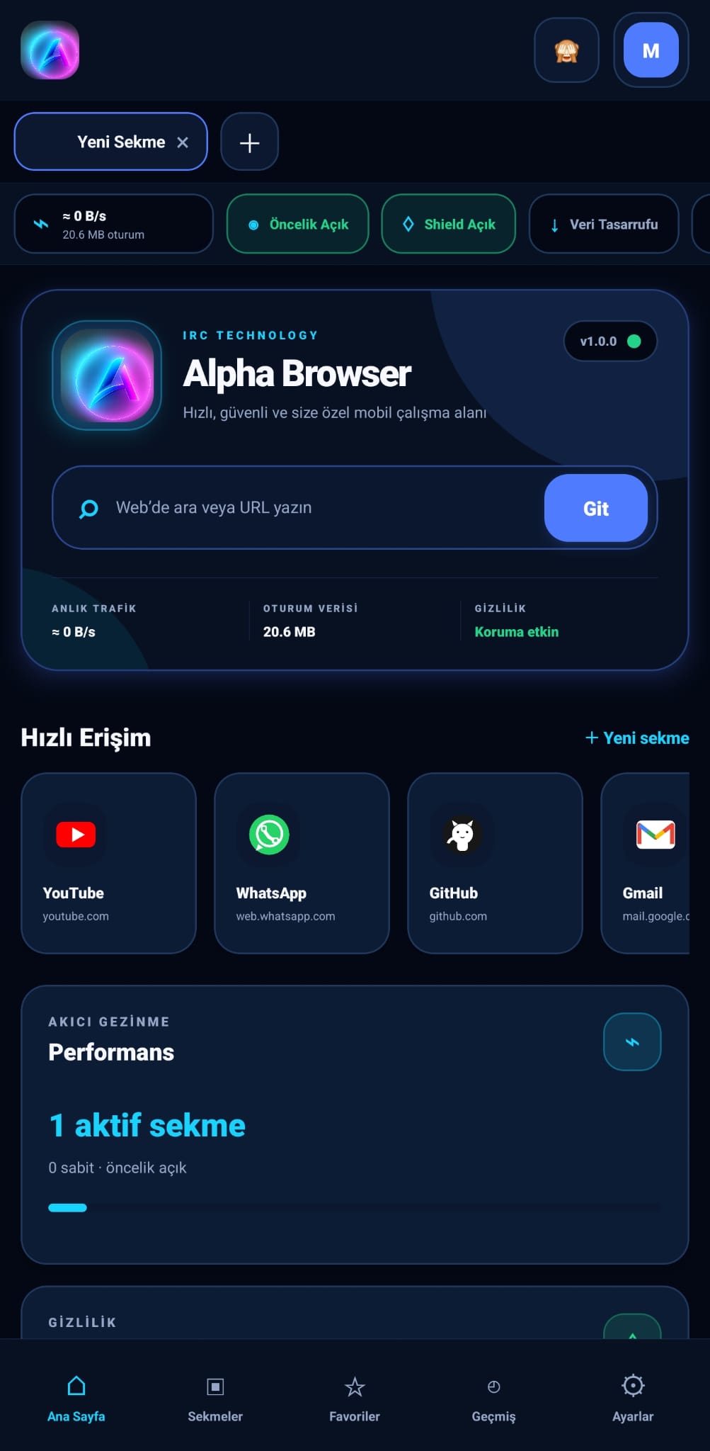 Alpha Browser mobil uygulaması arayüzü